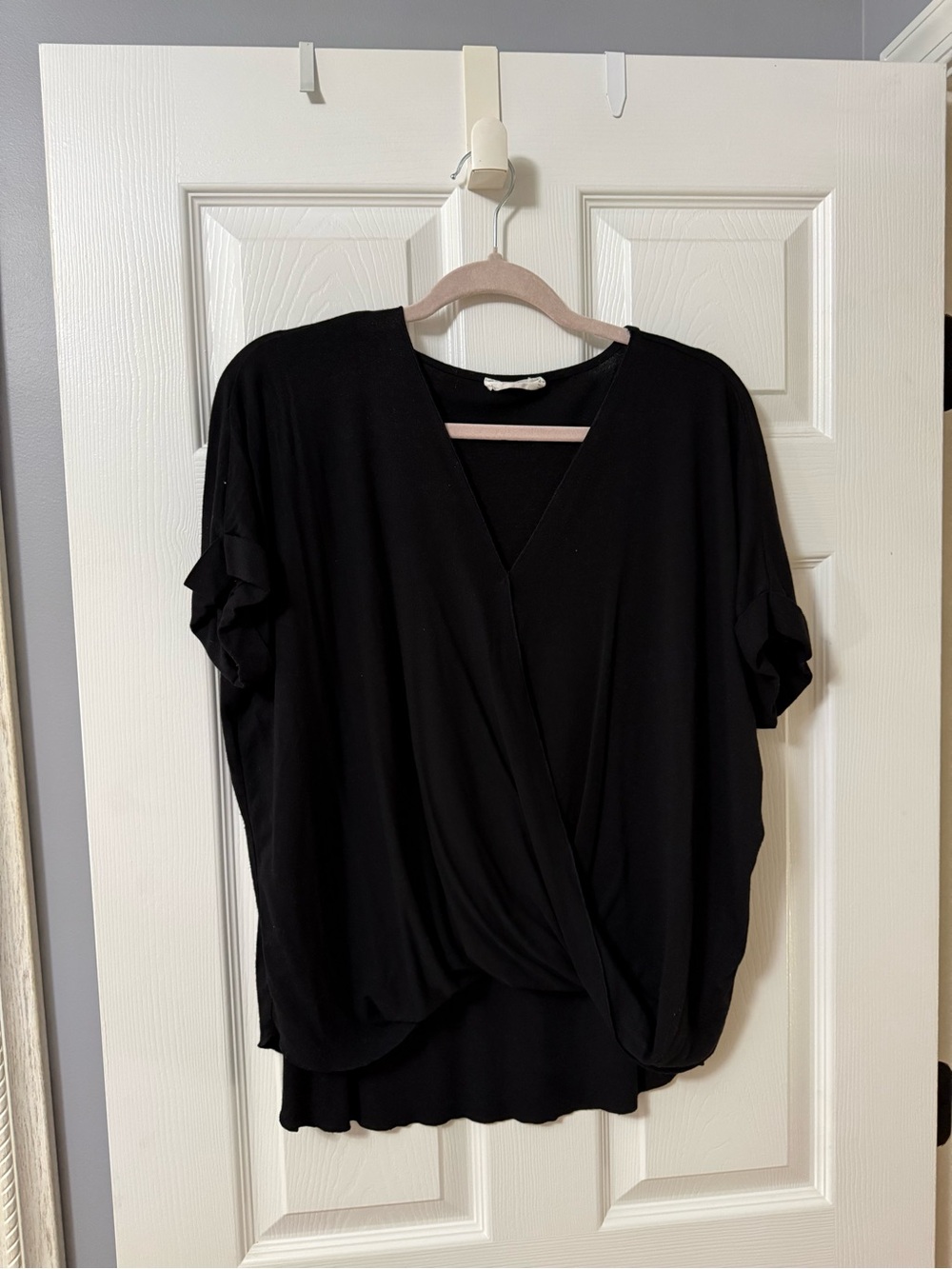 Double Zero Black Short-Sleeve Wrap Front Blouse